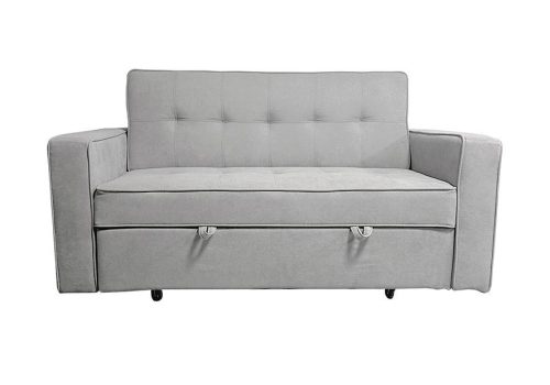 Sofá cama doble apertura Rol en tela gris, funcional y elegante, ideal para ahorrar espacio.