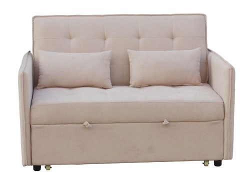 Sofá cama doble Bilbao con estructura de madera, clic-clac y cama inferior extraíble.