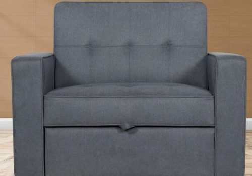 Sofá cama individual clic-clac Izán con estructura de madera y tapizado gris para espacios compactos.