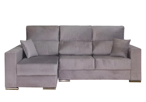 Imagen del sofá chaise longue Morena con tapizado gris, destacando sus respaldos reclinables, su chaise longue con almacenaje y patas cromadas.