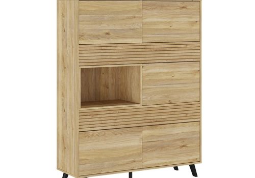 Vitrina Solana de diseño moderno con acabado Mauvella Rayas expuesta en un salón elegante.