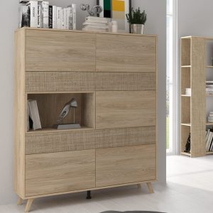 Vitrina Soto de diseño moderno en color Cambria-Grafito expuesta en un salón elegante.